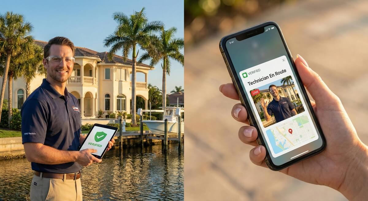 A technician in a clean uniform showing a digital protocol checklist on a tablet to a homeowner in a modern kitchen.