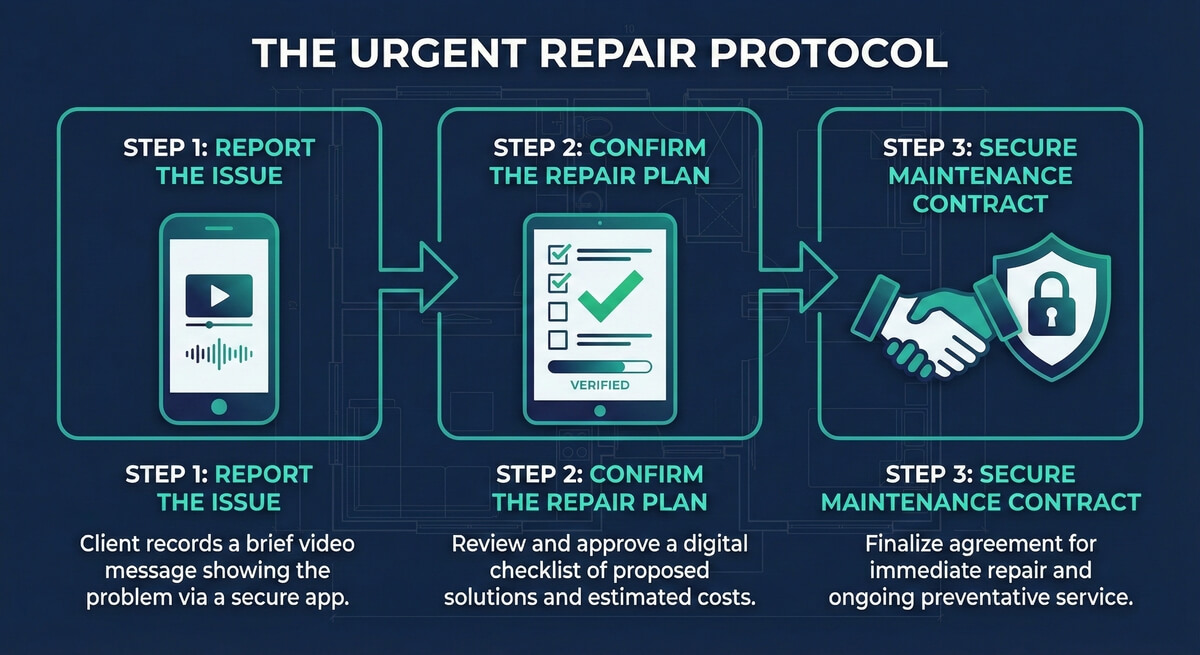 Infographic detailing the 3-step Urgent Repair Protocol workflow.
