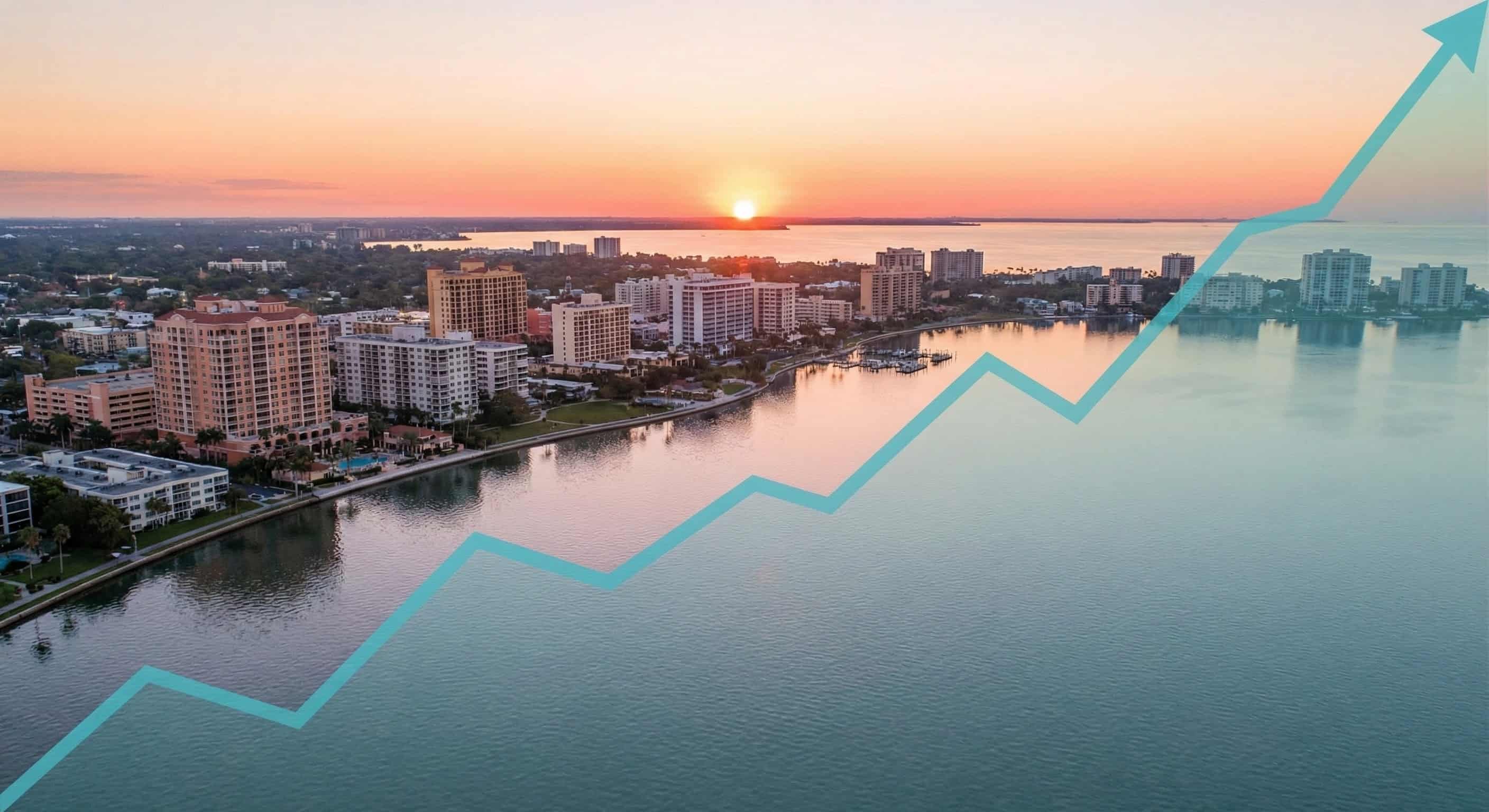 Sarasota skyline with a growing revenue chart overlay