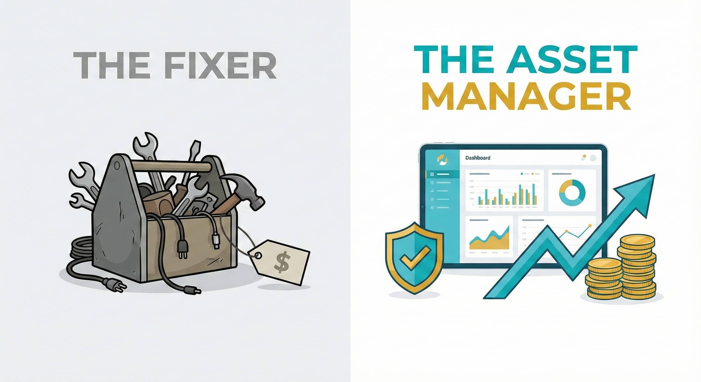 Infographic contrasting the 'Fixer' model vs the 'Asset Manager' model