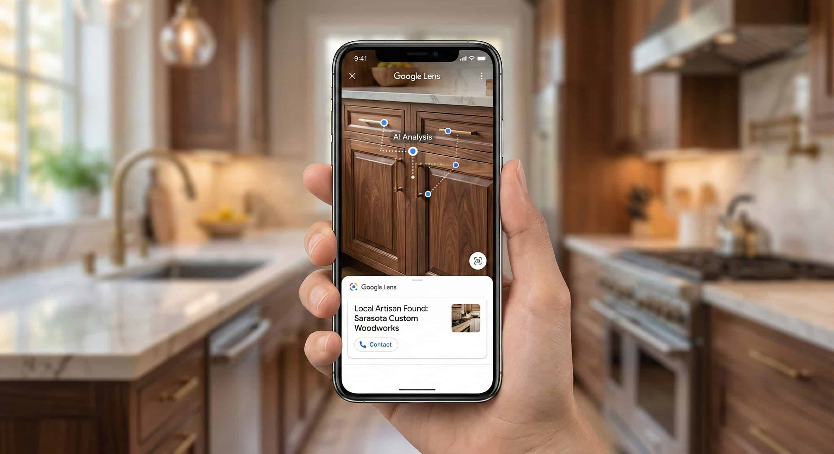 A smartphone screen showing Google Lens analyzing a kitchen cabinet