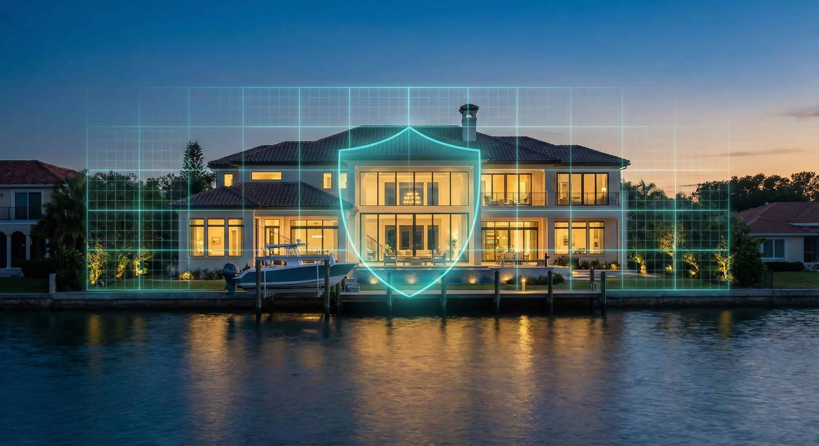 A high-end Sarasota waterfront home with a digital shield overlay