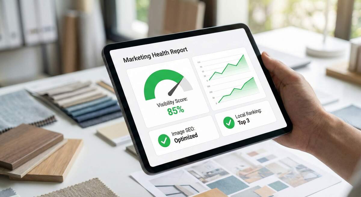 A digital tablet showing a marketing audit report with green checkmarks