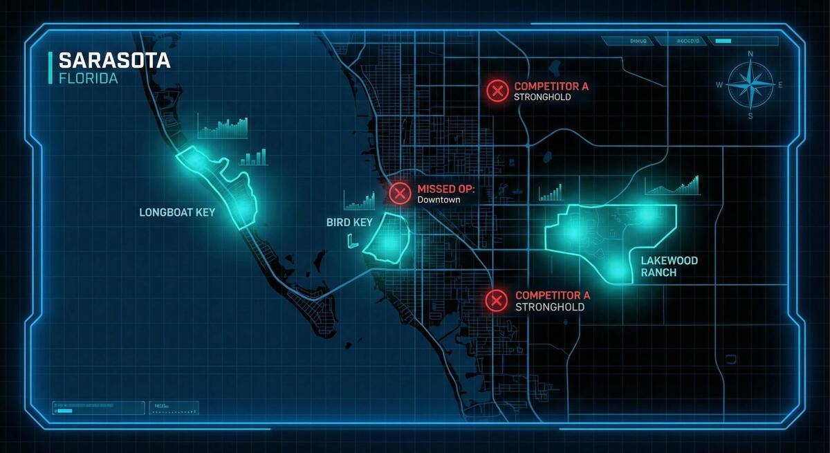 Map of Sarasota with heat zones showing missed opportunity areas